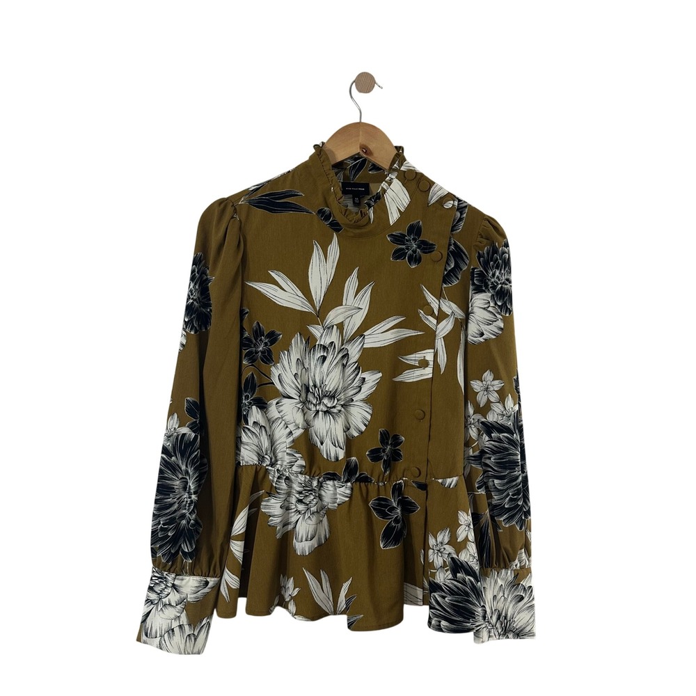Who What Wear Womens Floral Mock Neck Peplum Blouse Mustard Yellow Black Size M